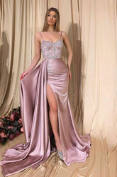 Spaghetti Strap Satin Side Split Pink Mermaid Prom Evening Dresses with Detachable Skirt